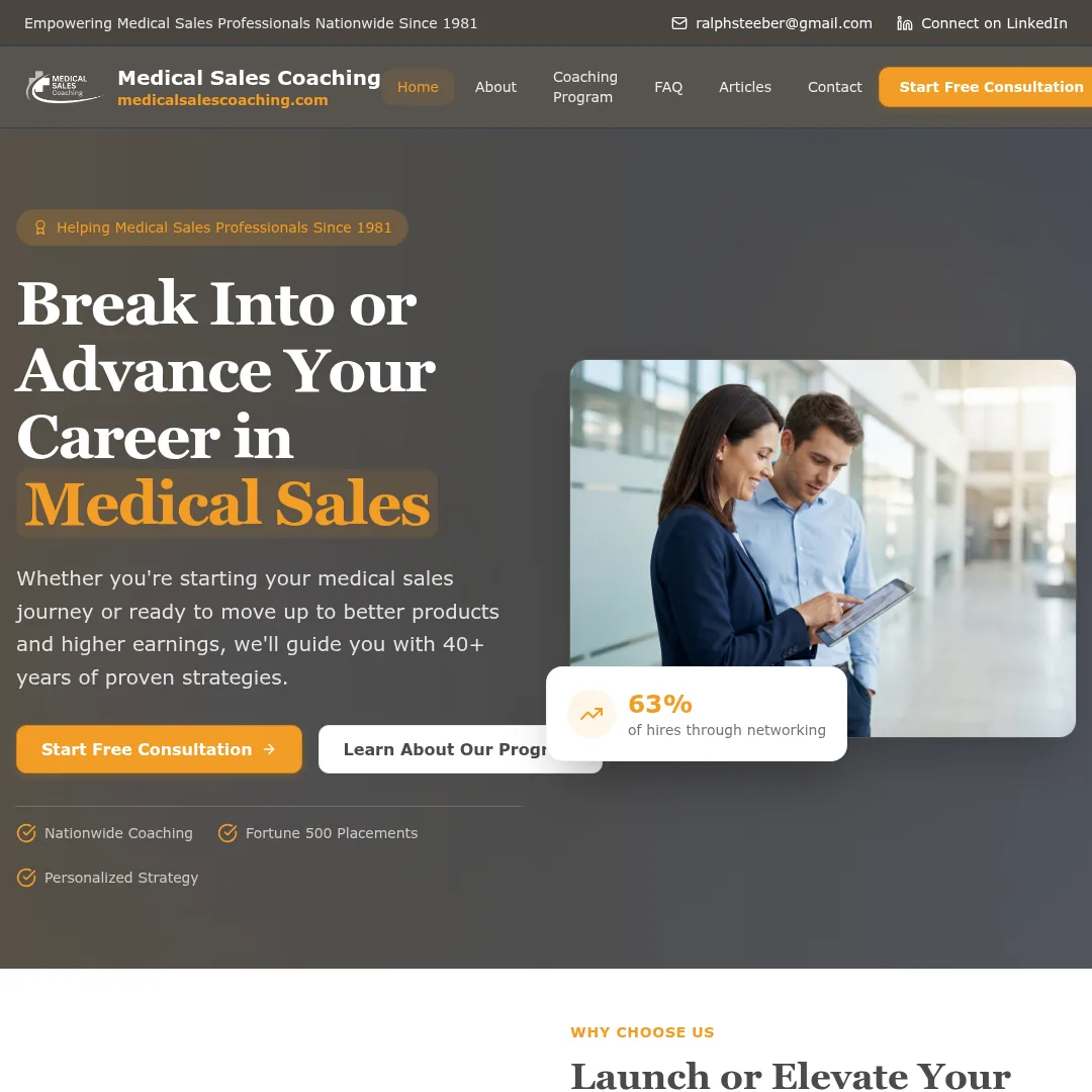 Medical Sales Coaching homepage showing two professionals reviewing a tablet